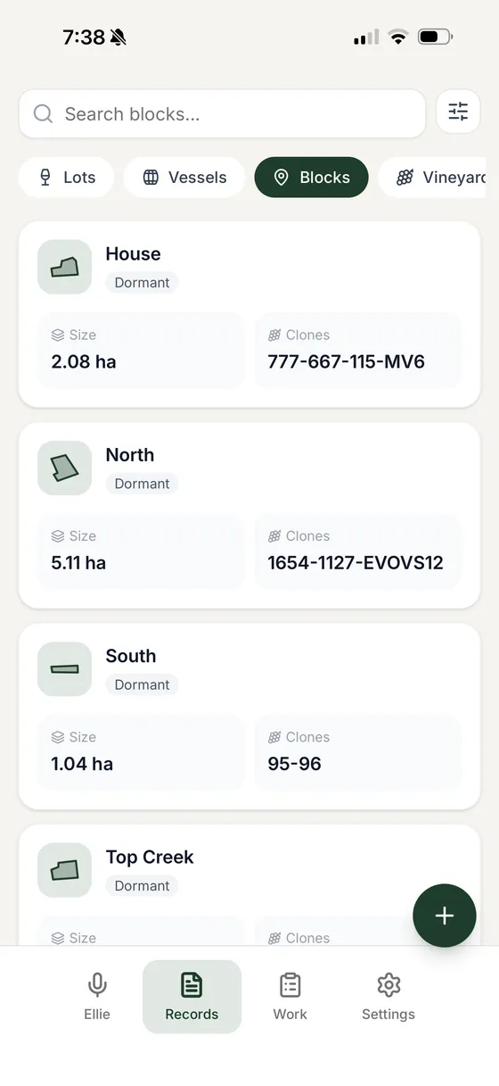 Elevage vineyard block records on an iPhone: House at 2.08 hectares with clones 777, 667, 115 and MV6; North at 5.11 hectares with clones 1654, 1127 and EVOVS12; South at 1.04 hectares with clones 95 and 96; and Top Creek, all dormant.